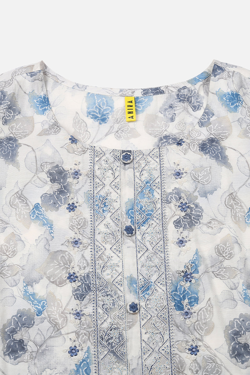 Off White Poly Chanderi Floral Straight Suit Set