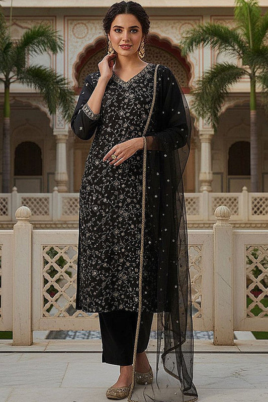 black silk blend embroidered kurta pant with dupatta vkskd1755