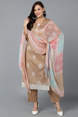 taupe silk blend straight suit set