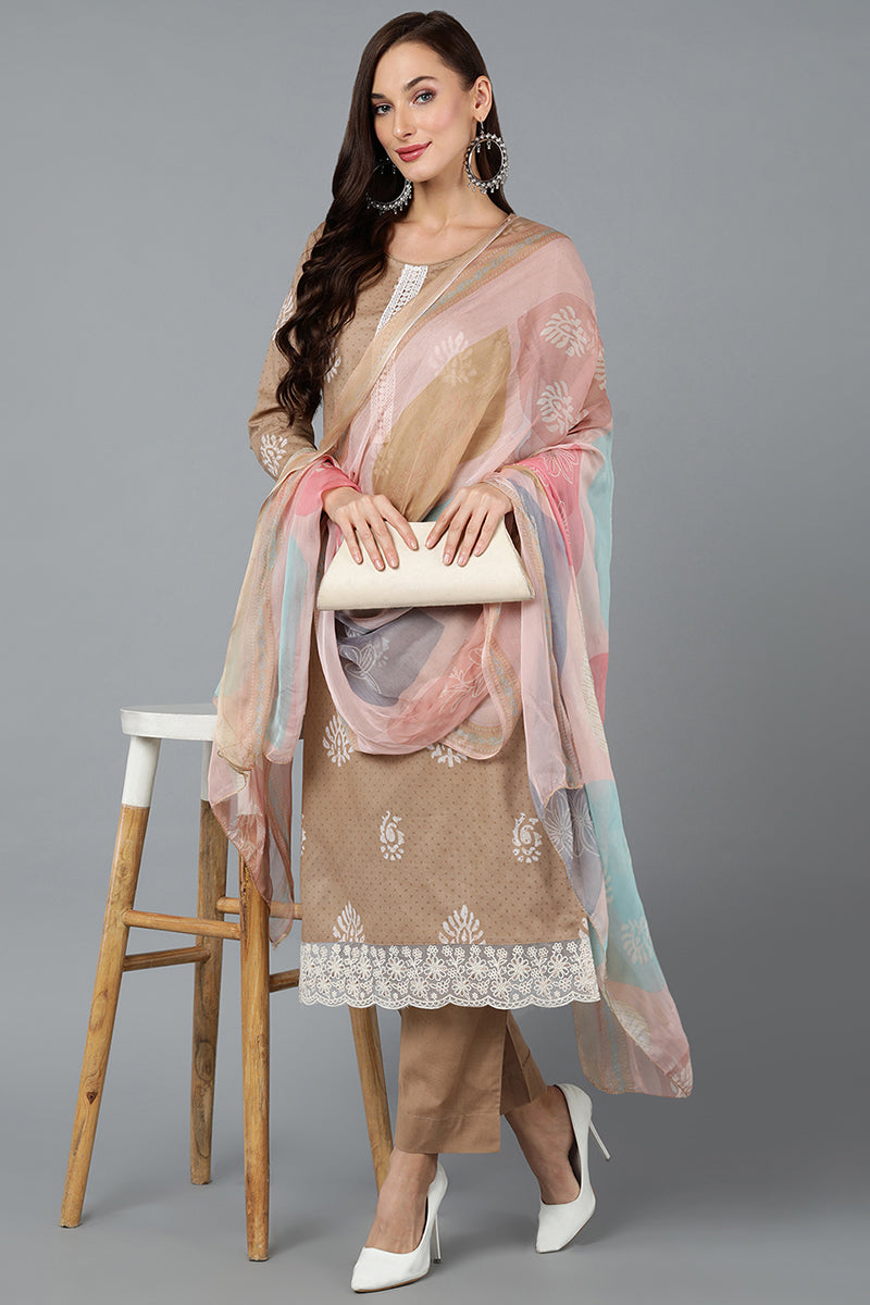 taupe silk blend straight suit set