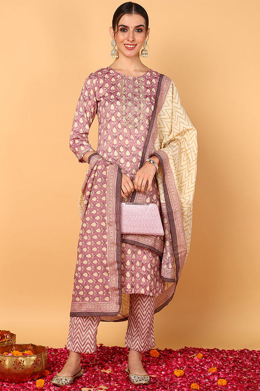 mauve silk blend ethnic motifs printed straight suit set