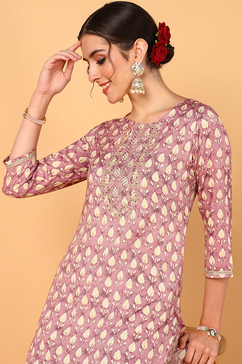 mauve silk blend ethnic motifs printed straight suit set