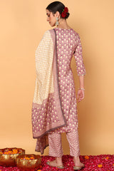 mauve silk blend ethnic motifs printed straight suit set