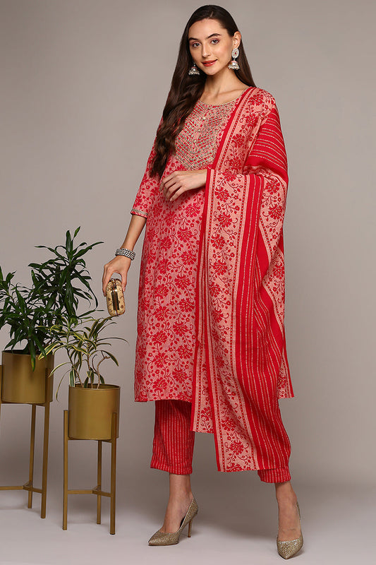 pink silk blend printed straight suit set