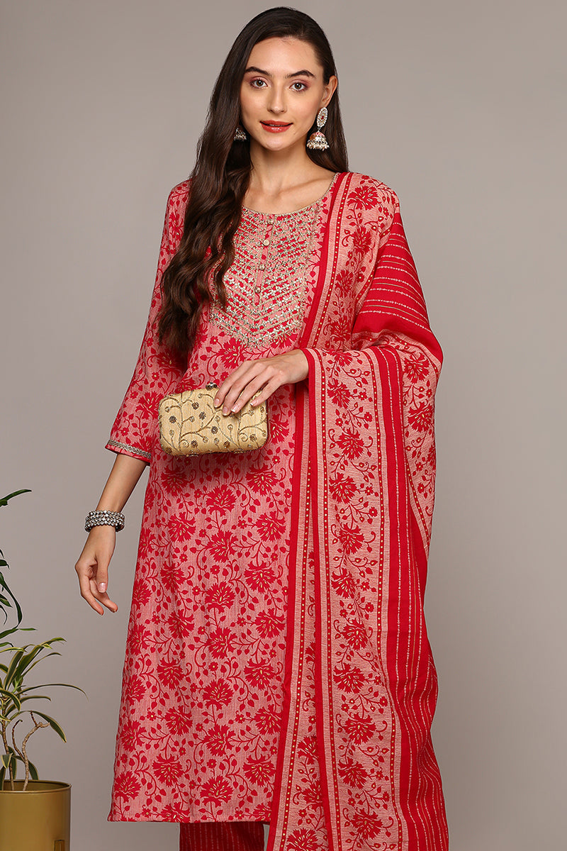 pink silk blend printed straight suit set