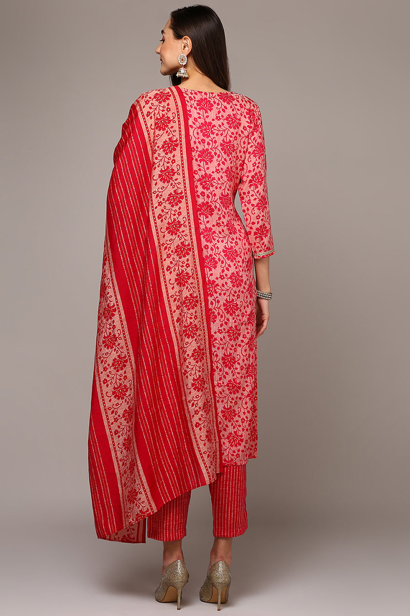 pink silk blend printed straight suit set