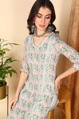 plus size sea green pure cotton floral printed straight suit set 