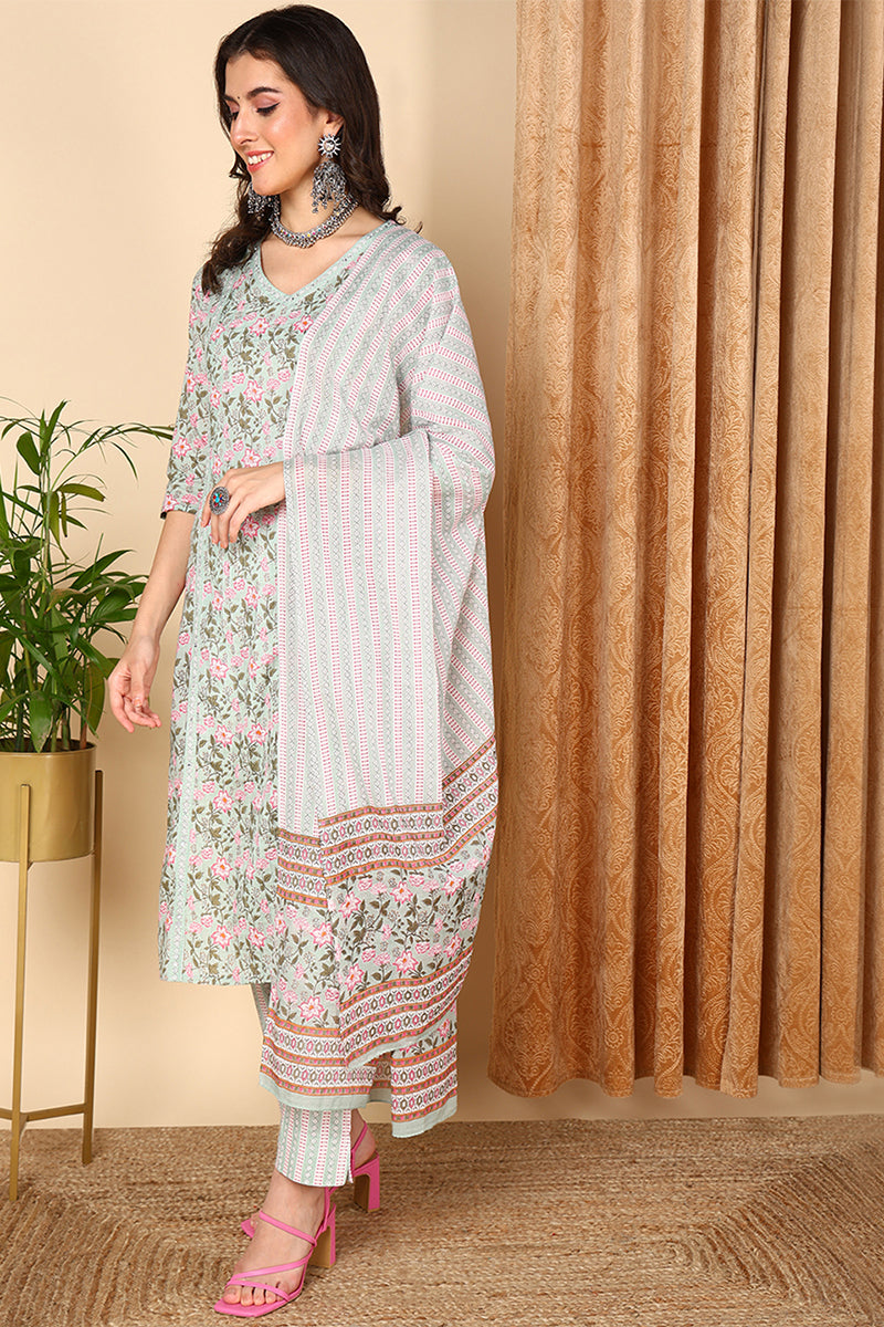plus size sea green pure cotton floral printed straight suit set 