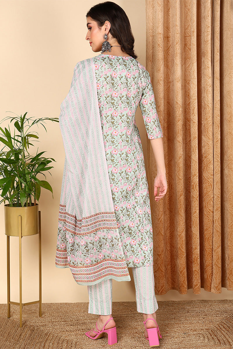 plus size sea green pure cotton floral printed straight suit set 