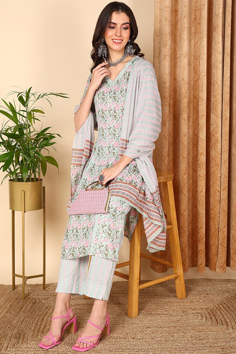 plus size sea green pure cotton floral printed straight suit set 
