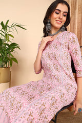 plus size pink pure cotton floral printed straight suit set