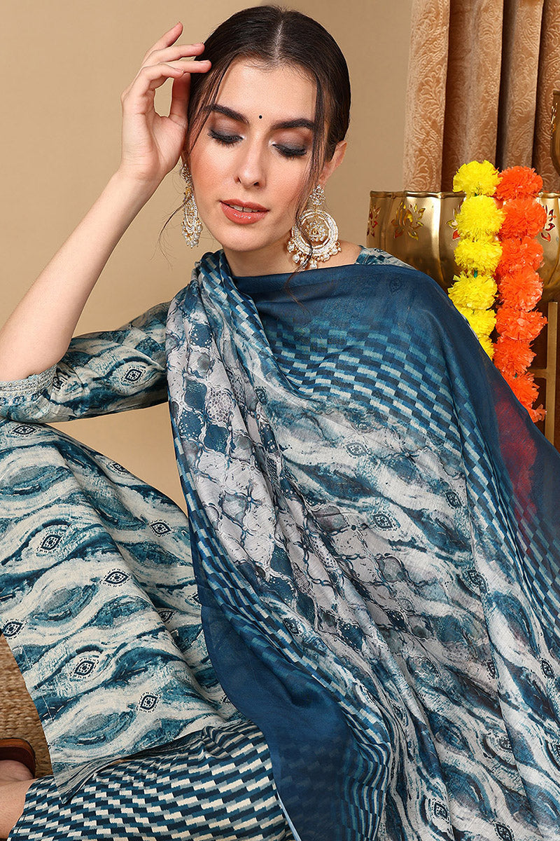 blue cotton ethnic motifs printed yoke design suit set