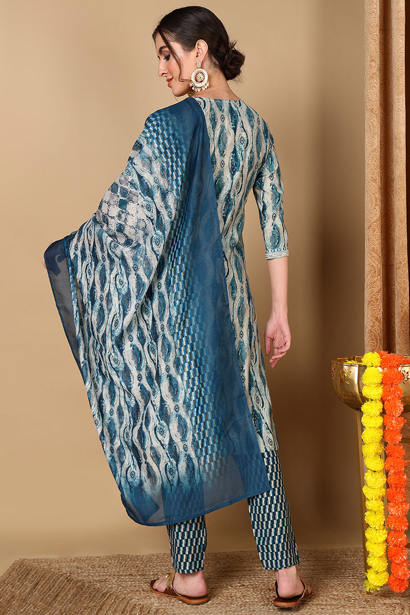 blue cotton ethnic motifs printed yoke design suit set