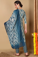 blue cotton ethnic motifs printed yoke design suit set