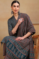 teal blue rayon blend ethnic motifs printed straight suit set 