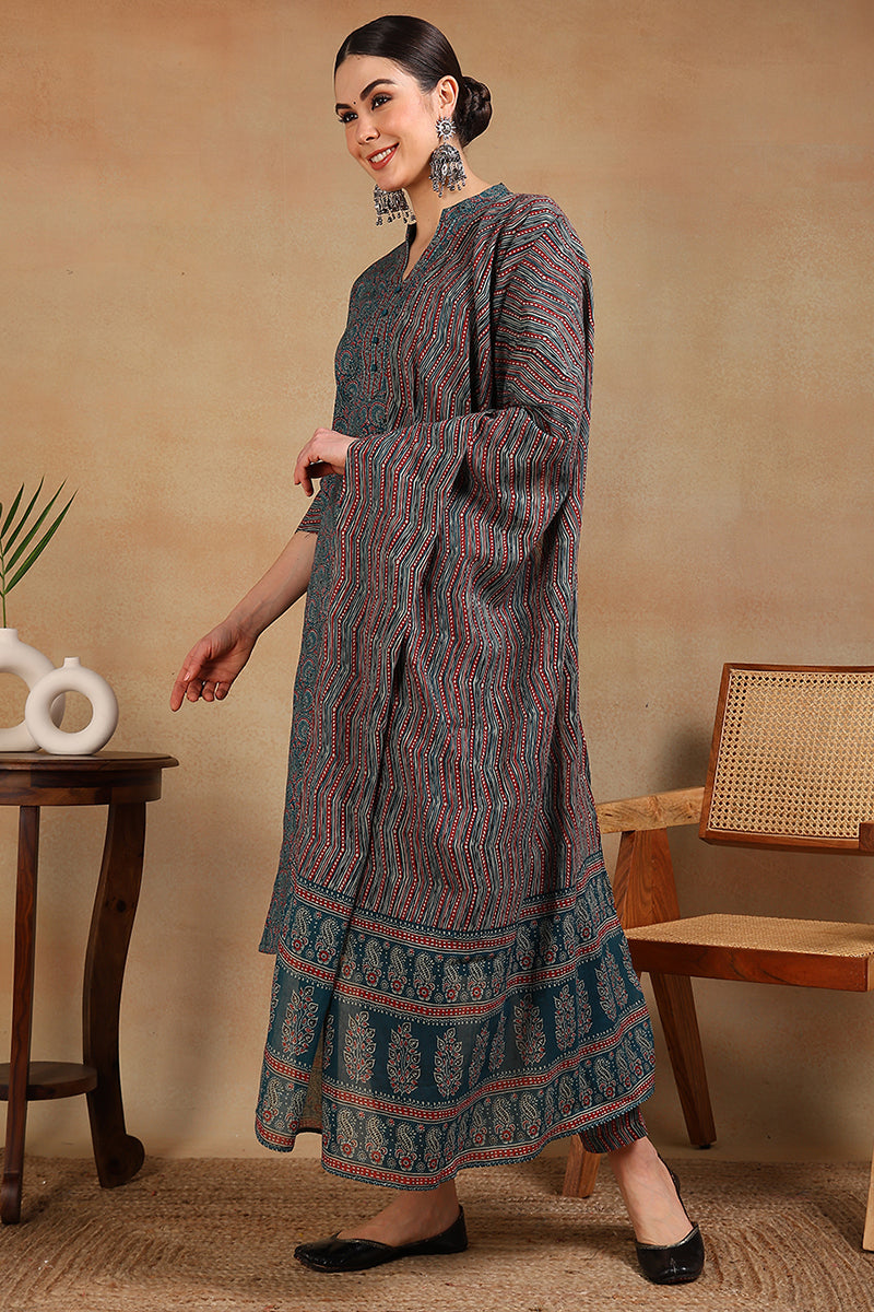 teal blue rayon blend ethnic motifs printed straight suit set 