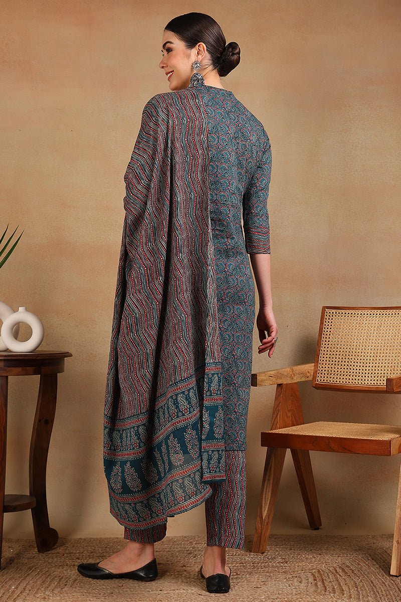 teal blue rayon blend ethnic motifs printed straight suit set 