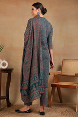 teal blue rayon blend ethnic motifs printed straight suit set 