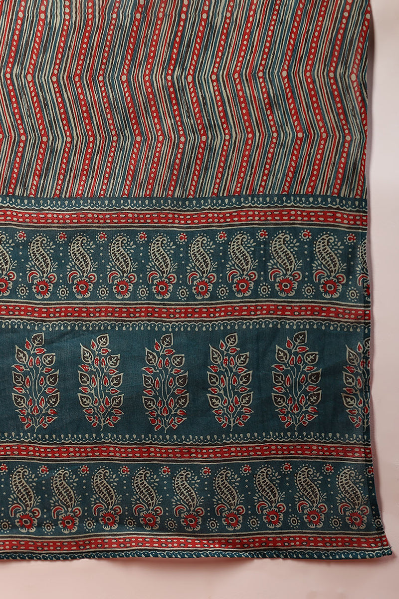 teal blue rayon blend ethnic motifs printed straight suit set 
