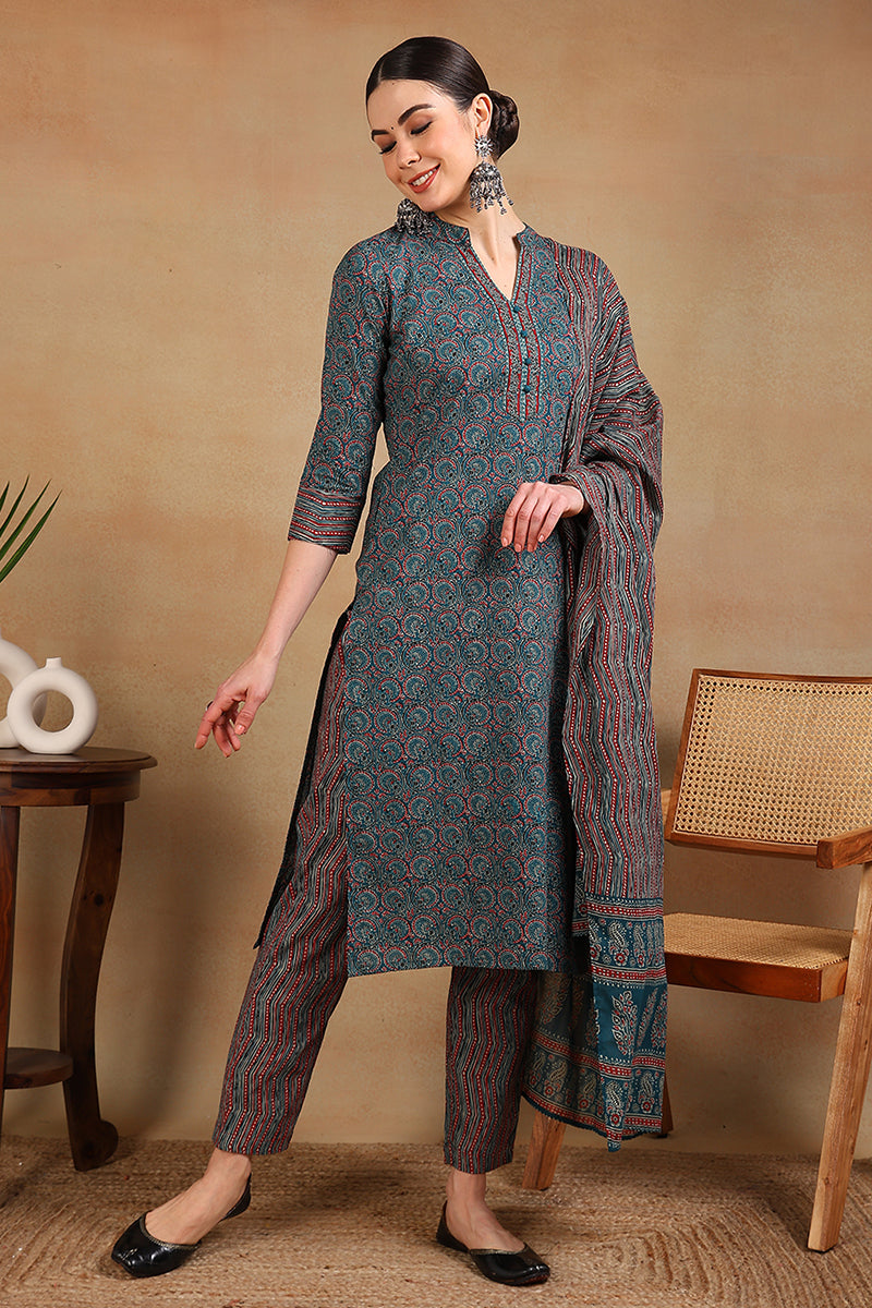 teal blue rayon blend ethnic motifs printed straight suit set 
