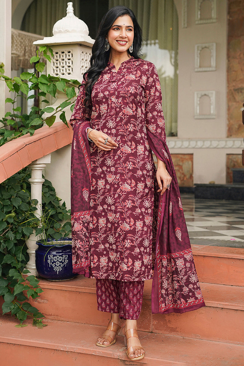 maroon rayon blend floral printed straight suit set vkskd2149