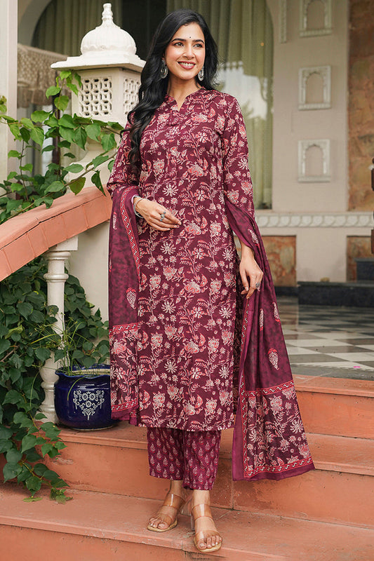 maroon rayon blend floral printed straight suit set vkskd2149