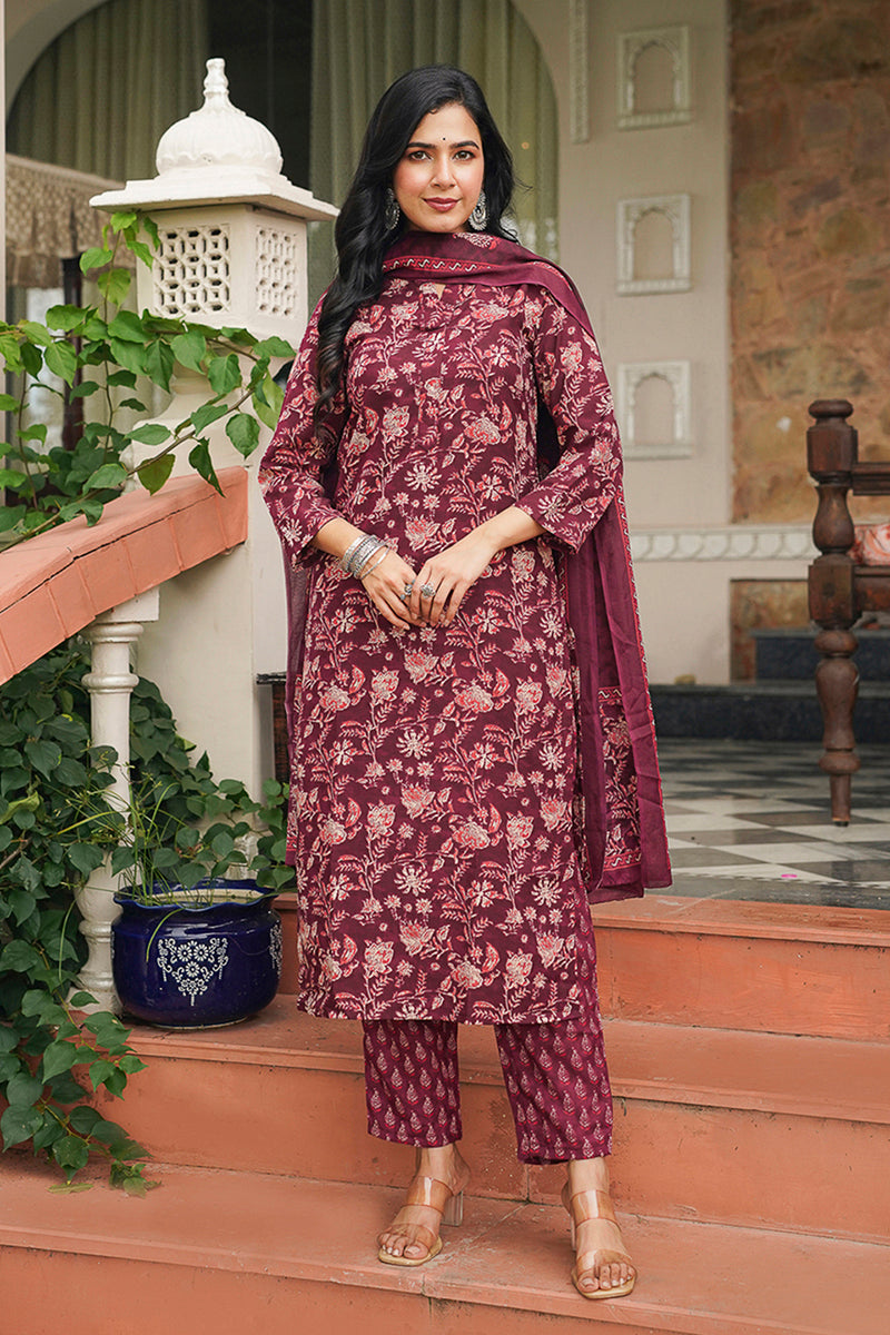 maroon rayon blend floral printed straight suit set vkskd2149
