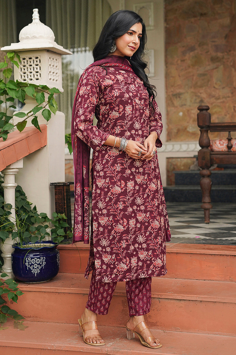 maroon rayon blend floral printed straight suit set vkskd2149