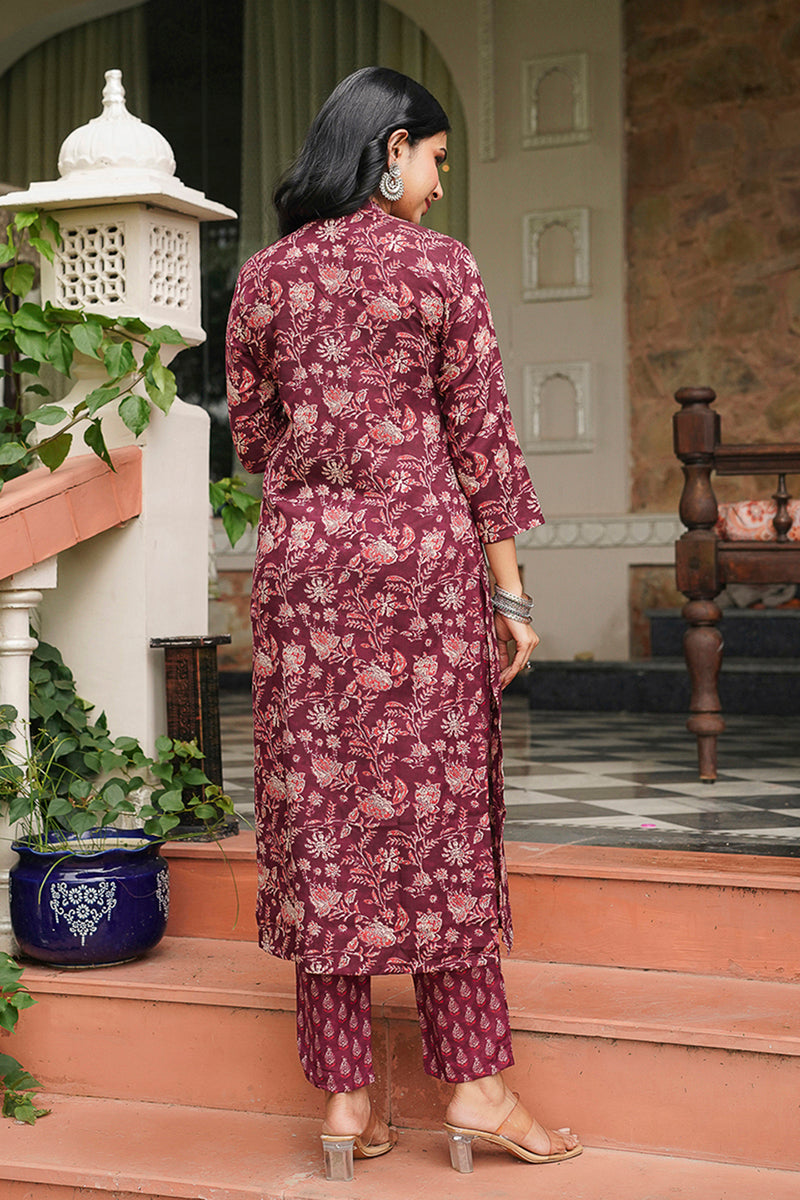 maroon rayon blend floral printed straight suit set vkskd2149