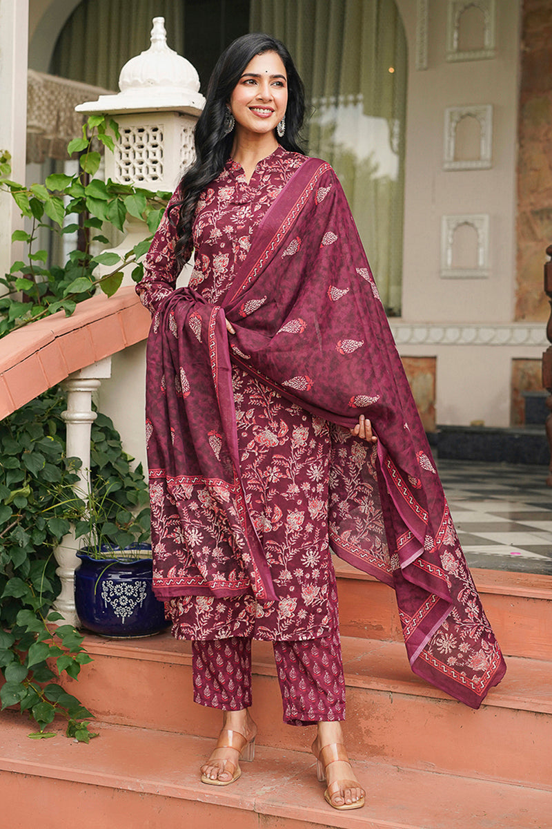 maroon rayon blend floral printed straight suit set vkskd2149