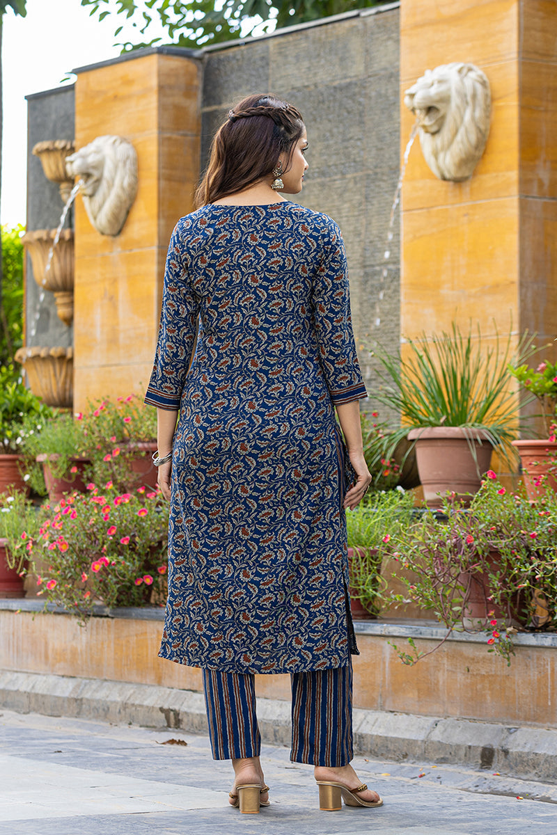 blue viscose rayon floral embroidered straight suit set 