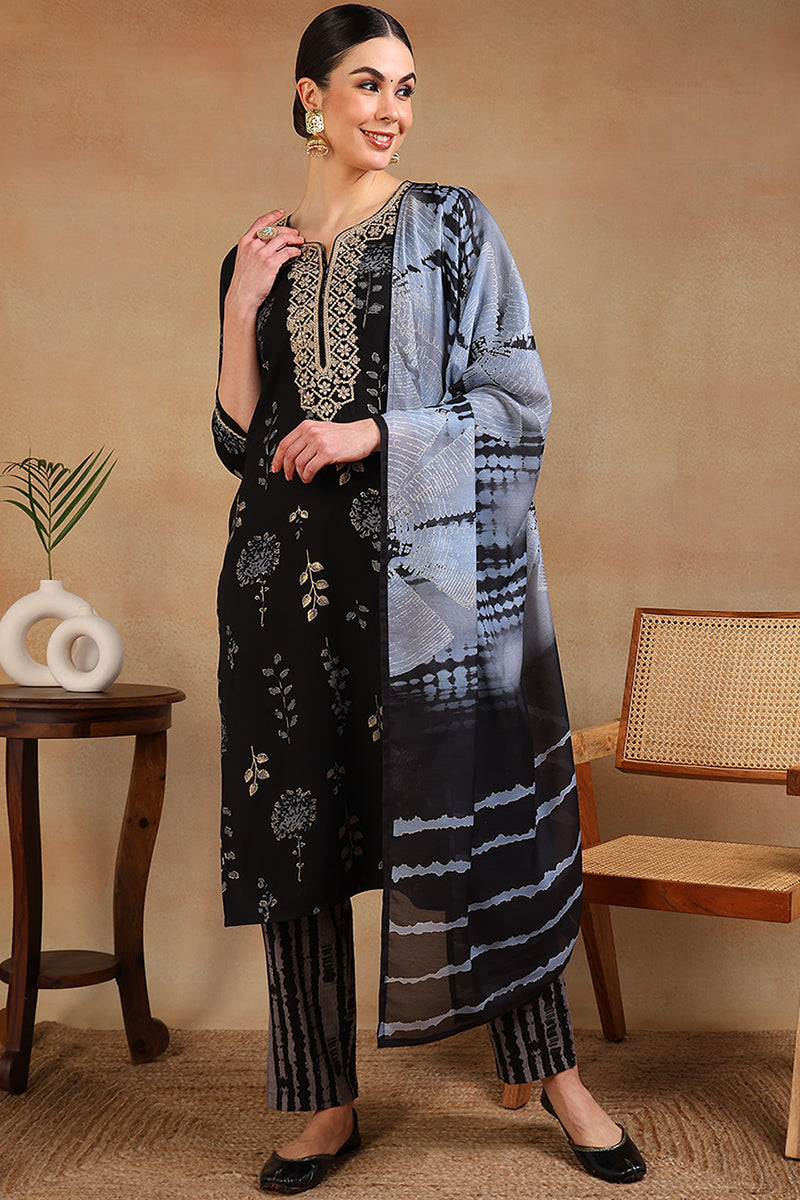 black rayon floral printed yoke design straight suit set