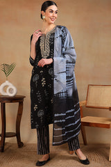 black rayon floral printed yoke design straight suit set