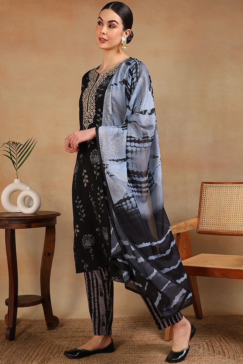 black rayon floral printed yoke design straight suit set