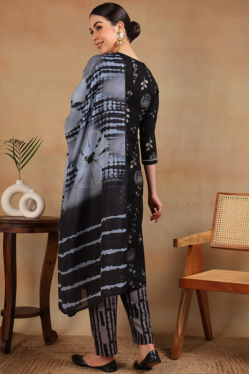 black rayon floral printed yoke design straight suit set