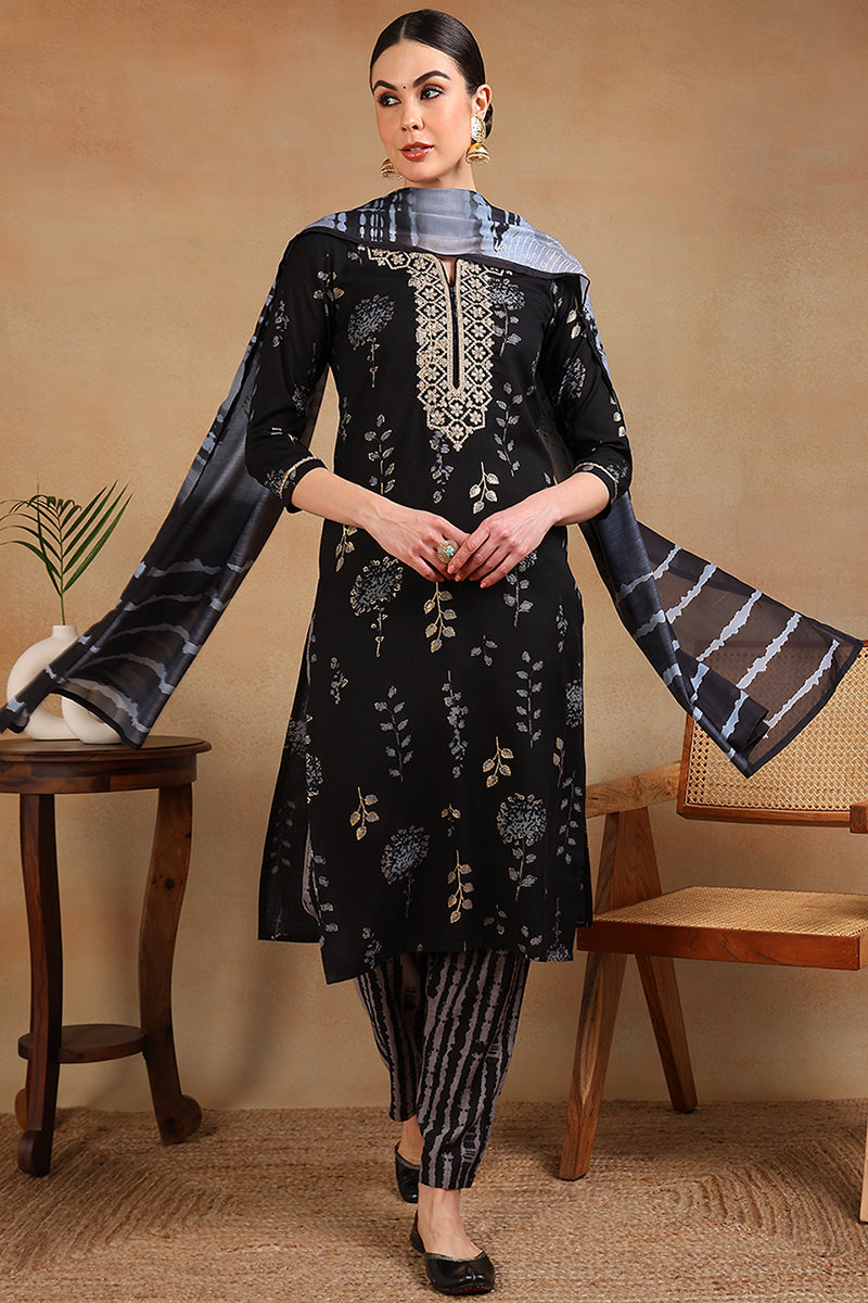 black rayon floral printed yoke design straight suit set