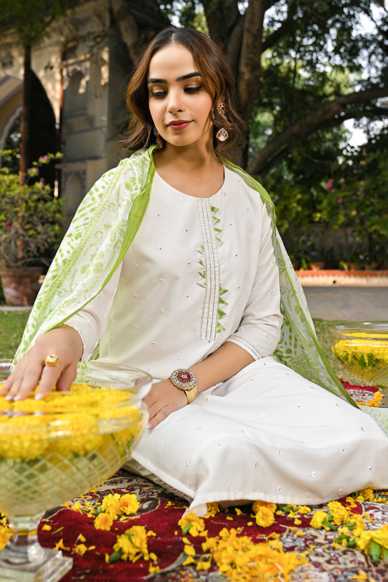 green rayon blend solid embroidered straight suit set
