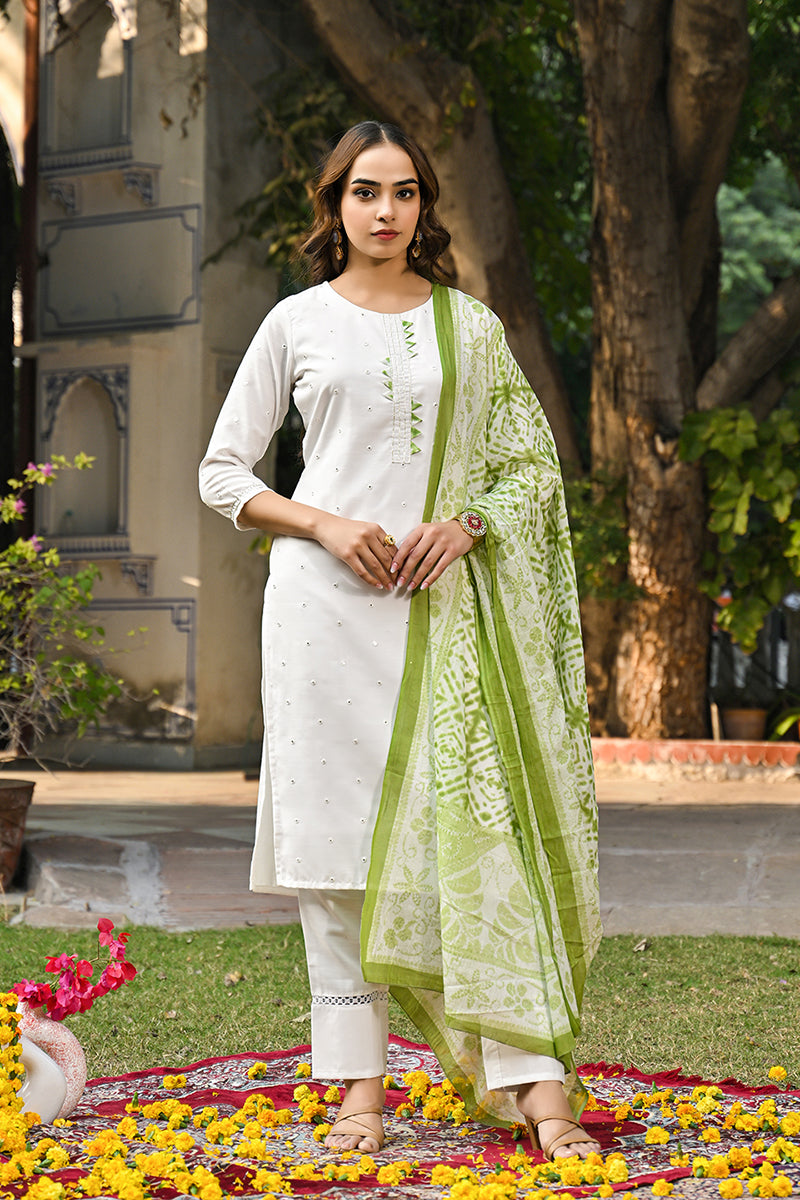 green rayon blend solid embroidered straight suit set