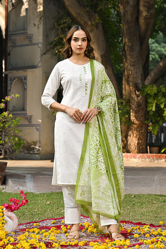 green rayon blend solid embroidered straight suit set