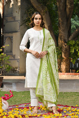 green rayon blend solid embroidered straight suit set