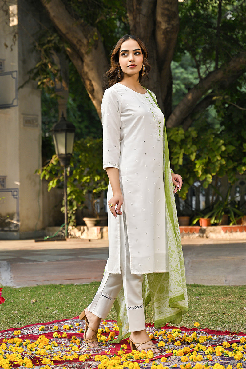 green rayon blend solid embroidered straight suit set