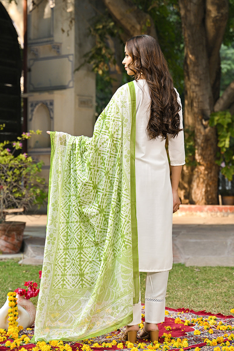 green rayon blend solid embroidered straight suit set