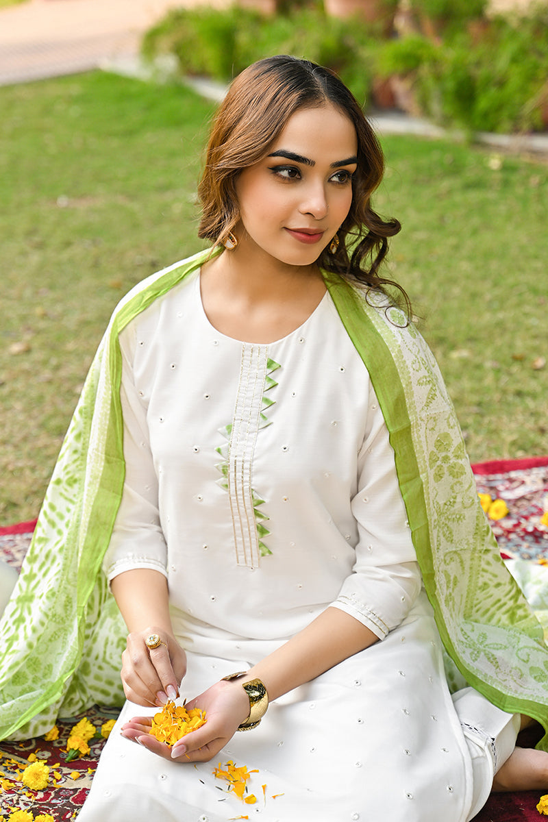 green rayon blend solid embroidered straight suit set