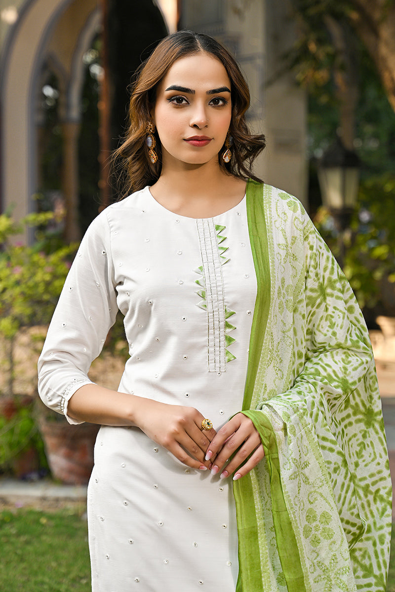 green rayon blend solid embroidered straight suit set