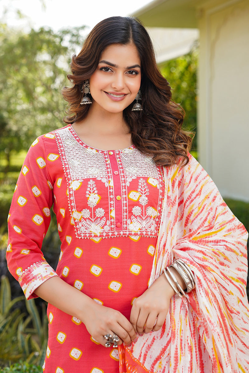 orange rayon blend bandhani embroidered straight trouser bottom suit set