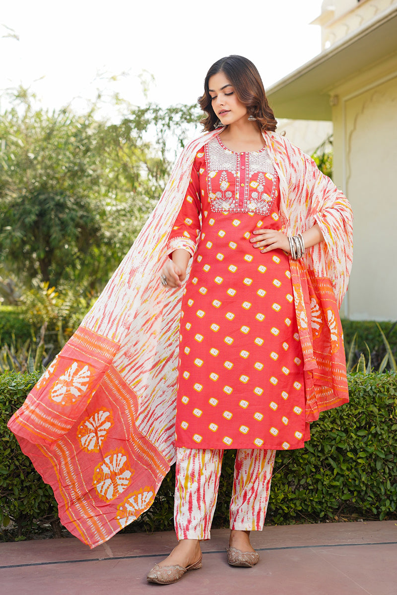 orange rayon blend bandhani embroidered straight trouser bottom suit set