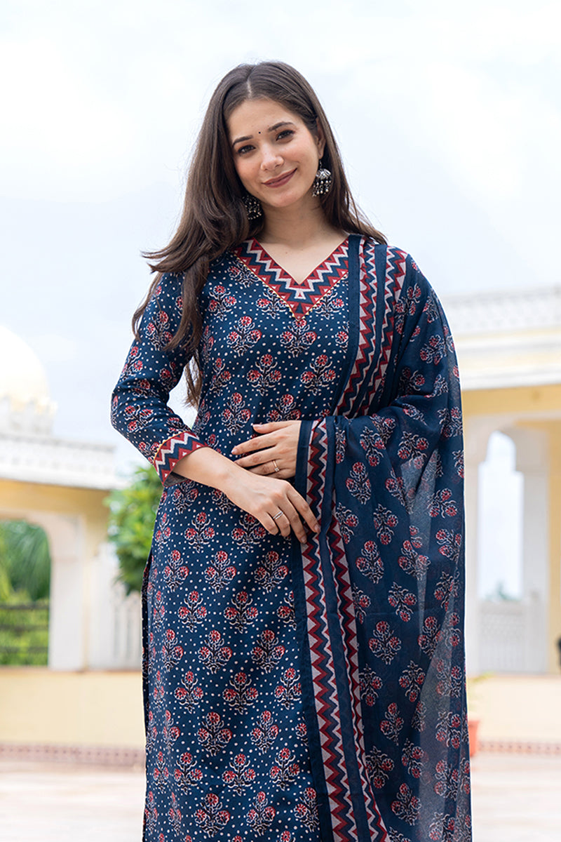 navy blue rayon blend floral printed straight trouser bottom suit set