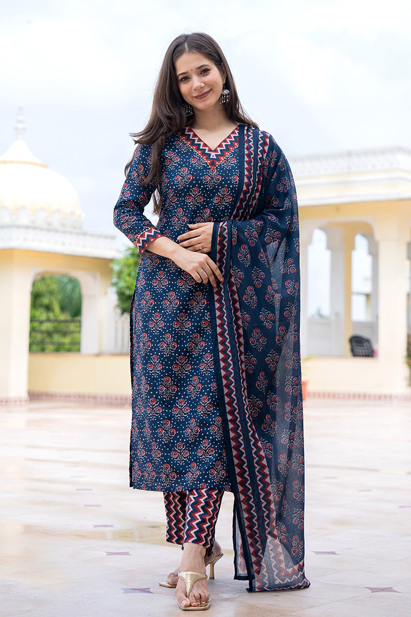 navy blue rayon blend floral printed straight trouser bottom suit set
