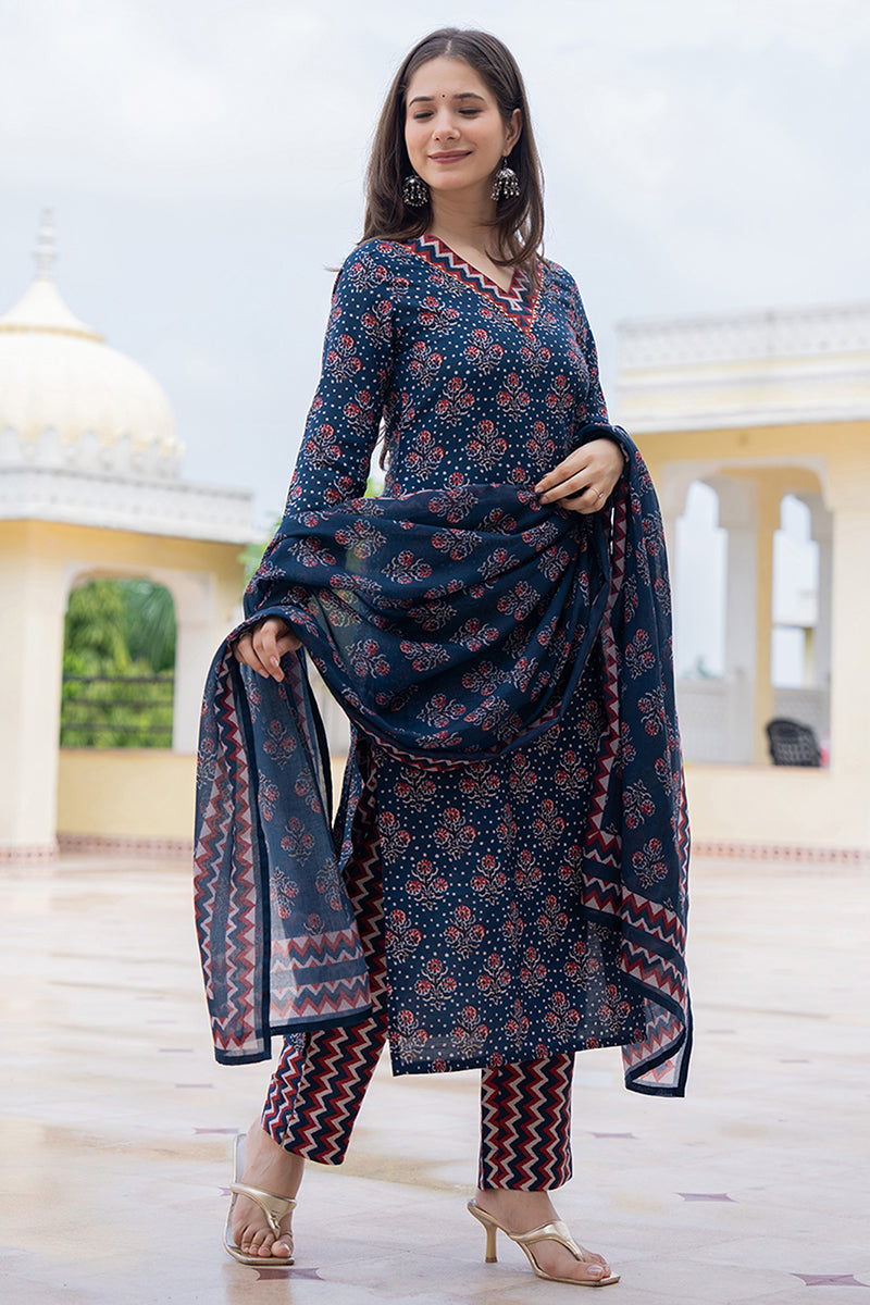 navy blue rayon blend floral printed straight trouser bottom suit set