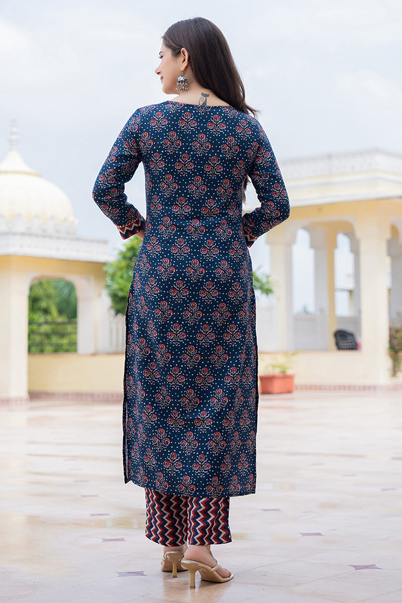 navy blue rayon blend floral printed straight trouser bottom suit set